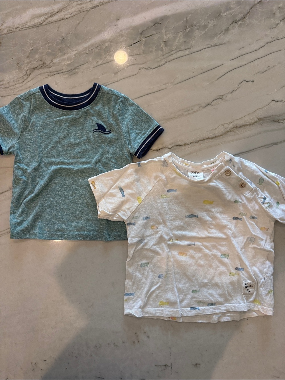 Zara & Old Navy Short-Sleeve Tees — Blue Heather & White Fish Print